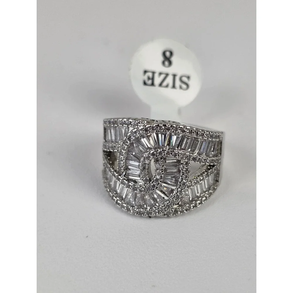 Silver Tone Baguette Cubic Zirconia Statement Ring Size 8 - Picture 4 of 6